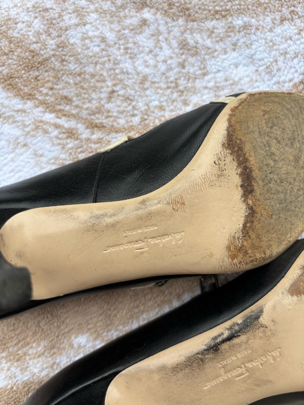 Salvatore Ferragamo Black & Cream Pointed Mary Jane Pumps - Picture 8 of 8